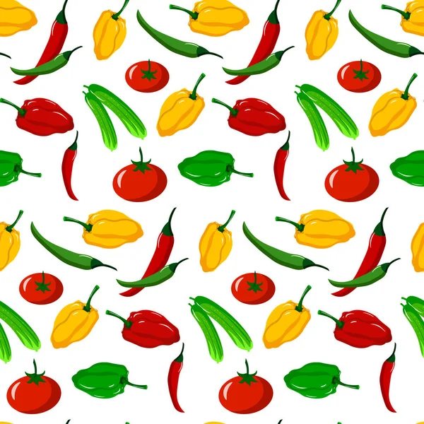 Schema vegetale. Peperoni rossi, gialli, verdi, pomodori e cetrioli. Peperoncino. — Vettoriale Stock