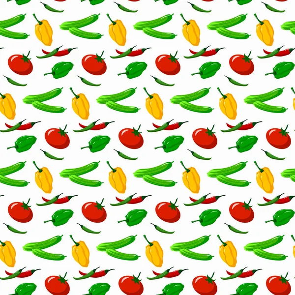 El patrón con hortalizas - los pepinos, los tomates, los pimientos dulces. — Vector de stock