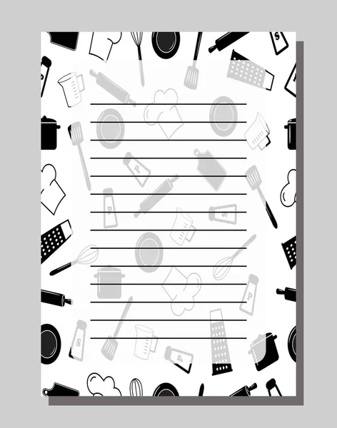 Blank with kitchen utensils. Template for writing recipes. — Stock Vector