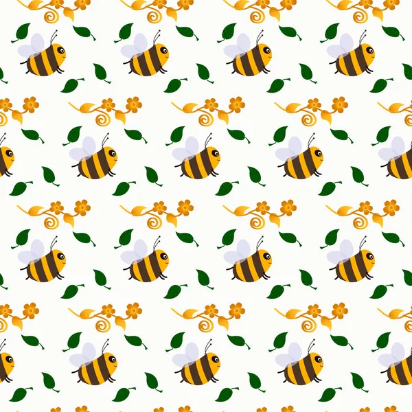 Muster mit Bienen, Blättern und Blüten. — Stockvektor