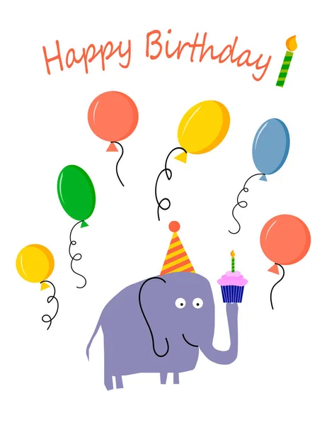 Geburtstagkarte. Elefant, Muffin und Luftballons. — Stockvektor