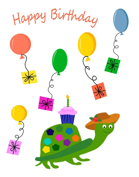 Postkarte mit Schildkröte, Muffin, Geschenken und Luftballons. — Stockvektor