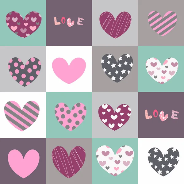 Modèle de patchwork avec des coeurs multicolores. — Image vectorielle