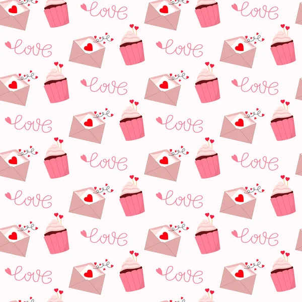 Cupcake, lettre et le mot Amour. Joyeuse Saint Valentin. — Image vectorielle