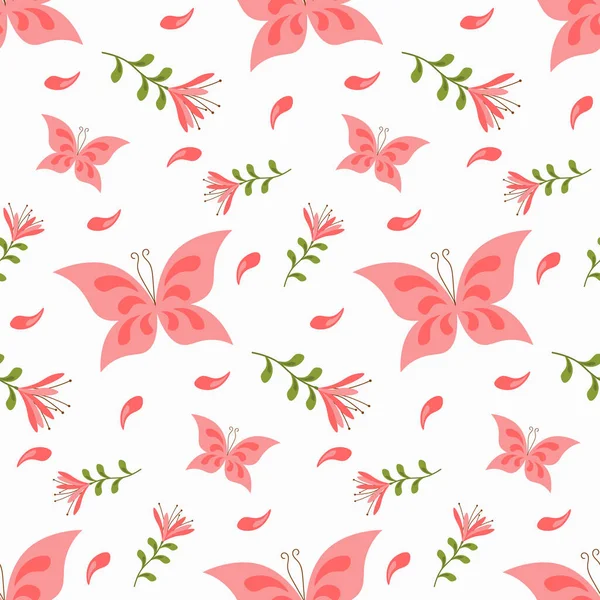 Patroon met roze vlinders en bloemen. — Stockvector