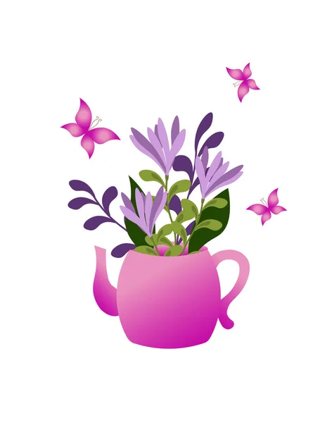 Spring card with teapot, bouquet of flowers and butterflies. — Stock Vector