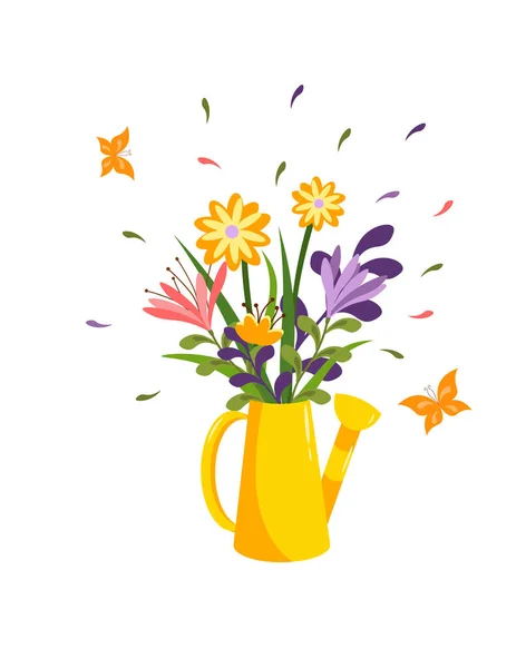 Yellow watering can with a bouquet of spring flowers. — Stock Vector