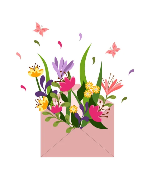 Spring card with a postal envelope and a bouquet of flowers. — Stock Vector