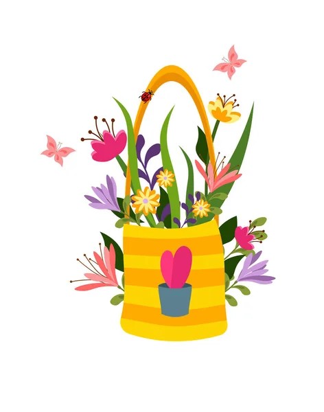 Gelber Sack mit einem Strauß Frühlingsblumen. Frühlingszeit. — Stockvektor