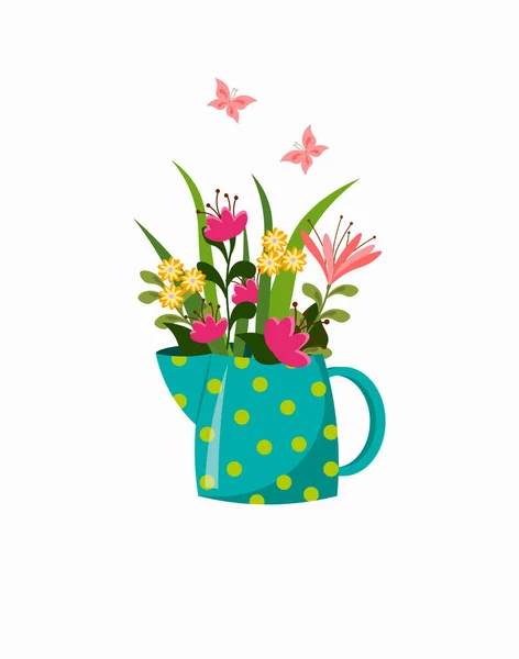 A jug with different flowers and butterflies. — Stock Vector