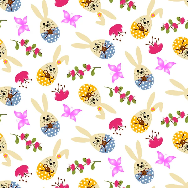 Patroon met cartoon Paashaas en bloemen. — Stockvector