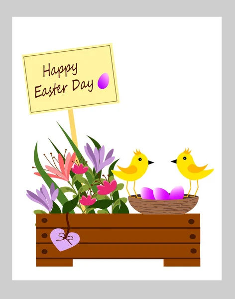 Flower box with flowers, birds and a nest. — Stock Vector