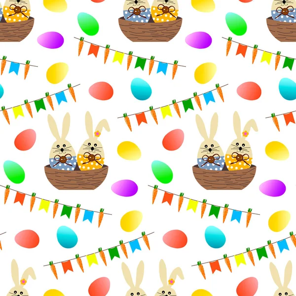 复活节兔子、假日旗、胡萝卜和蛋的图案. — 图库矢量图片