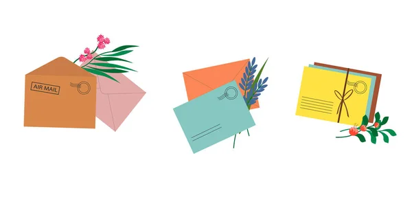 Többszínű postai borítékok virágokkal. — Stock Vector