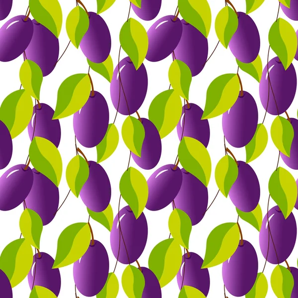 Modèle avec des prunes et des feuilles. Illustration de fruits. — Image vectorielle
