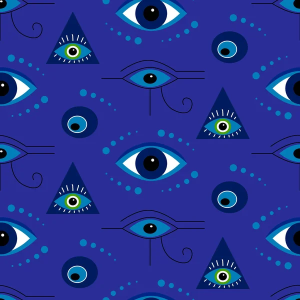有一双深蓝色背景的神秘眼睛的帕特。这些符号是以眼睛为形式的护身符. — 图库矢量图片