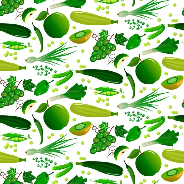 Poivre et courge, raisins et kiwi, oignons verts et pois. pomme, concombres. Modèle avec légumes et fruits verts — Image vectorielle
