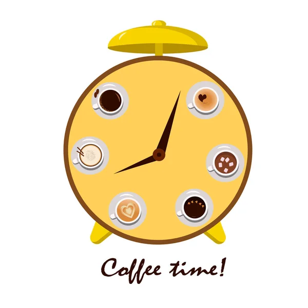 Reloj despertador con tazas de café dispuestas en círculo. Vista superior. — Vector de stock