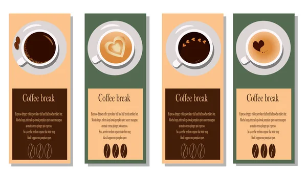 Ilustración de café para un conjunto de pancartas. Tazas con diferentes surtido de cafés y lugar para el texto. — Vector de stock