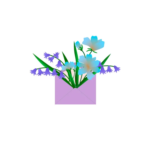 Ein Strauß blauer Blumen in einem Briefumschlag. — Stockvektor
