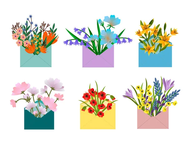Impostare una busta postale e un mazzo di fiori. — Vettoriale Stock