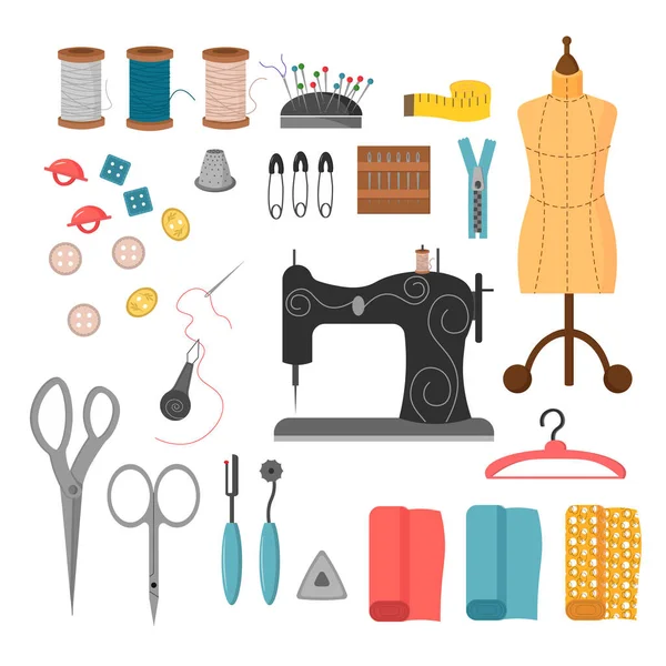 Sada šicích nástrojů. Vlákna, jehly, knoflíky a šicí stroj, figurína a textilní střihy. — Stockový vektor