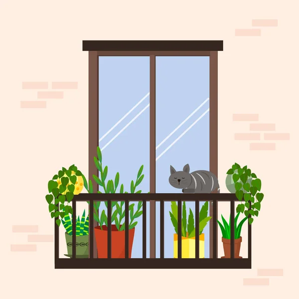 Flores em vasos estão na varanda do apartamento. O gato na varanda. — Vetor de Stock
