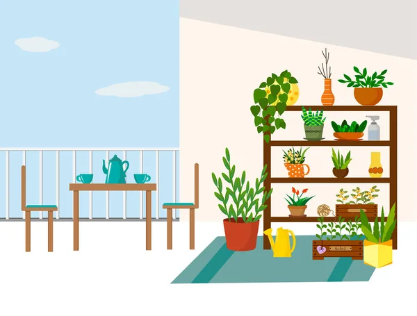 Jardim na varanda. Mesa de chá, rack com flores e caixas de mudas. — Vetor de Stock