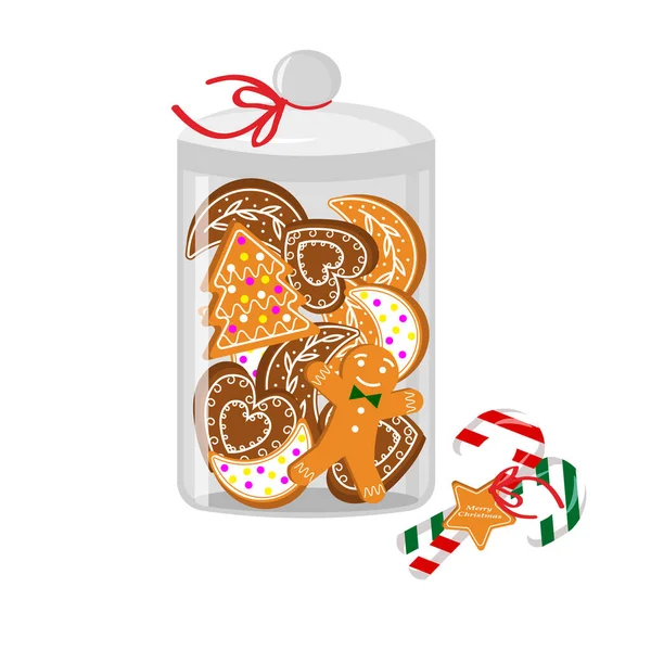 烘焙礼物。圣诞姜饼饼干在玻璃瓶里. — 图库矢量图片