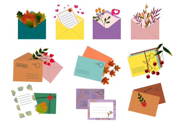 Set of postal envelopes with autumn leaves. Vector illustration. — Stock Vector