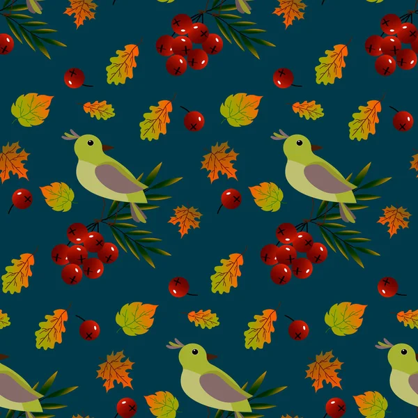 Бесшовный рисунок с птицами, красными ягодами и осенними листьями. — стоковый вектор