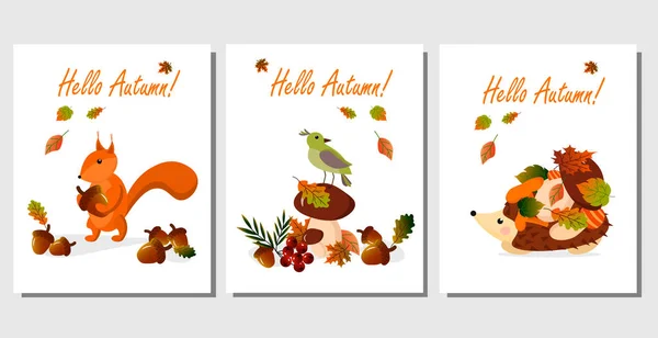Set of autumn card with hedgehog, squirrel and bird. Vector illustration. — Διανυσματικό Αρχείο