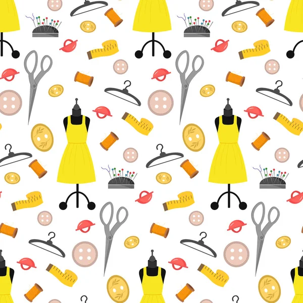 Modello con manichino, abito giallo, centimetro, bottoni e strumenti per cucire. — Vettoriale Stock