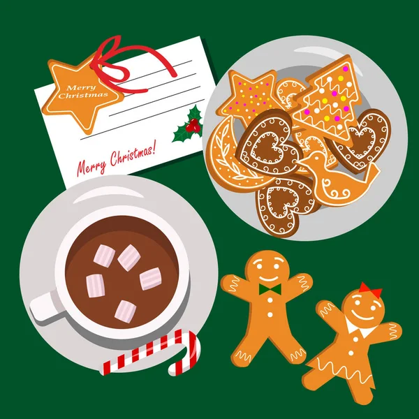 Cup with cocoa, marshmallows and cookies on a plate. Gingerbread men. Merry Christmas greetings. — Stock Vector