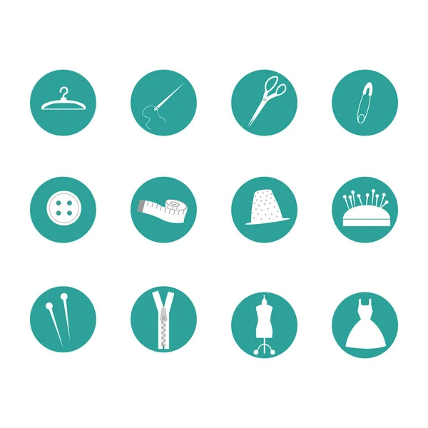 Iconos redondos con herramientas de costura. Tijeras, maniquí, botones y alfileres, dedal, percha y vestido. — Vector de stock