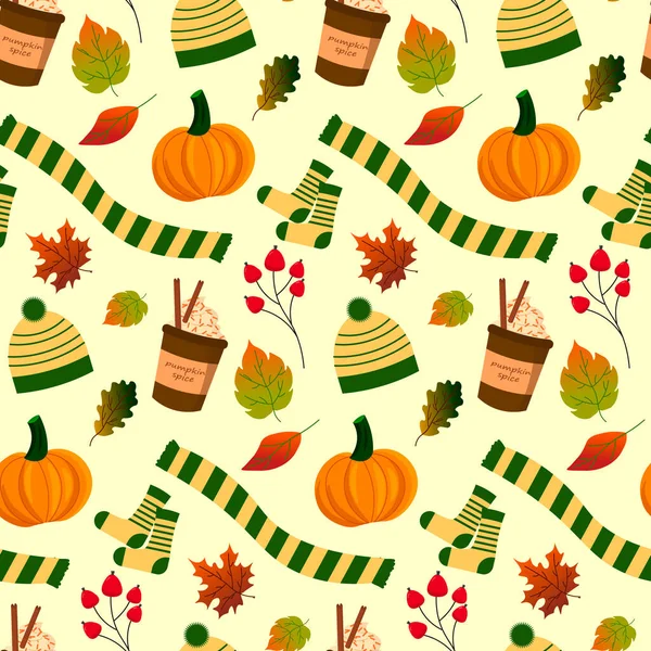 Patterns of coffee, pumpkin, autumn attributes - hat, scarf and leaves. — Stock Vector