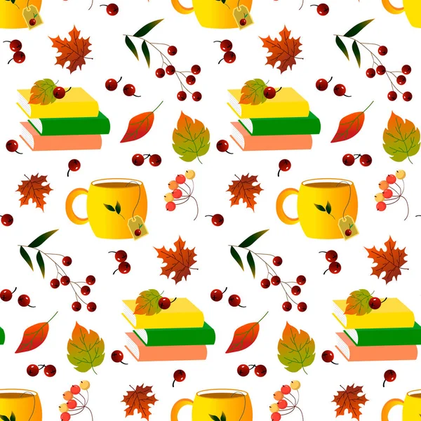 Чай в чашке, книги, осенние листья и ягоды. Осенний узор — стоковый вектор