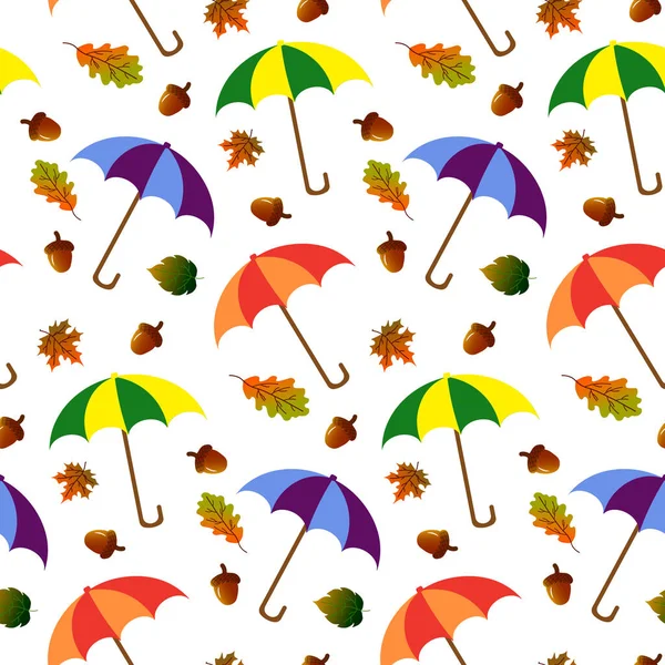 Pattern with umbrellas, autumn leaves and acorns. — Stock Vector