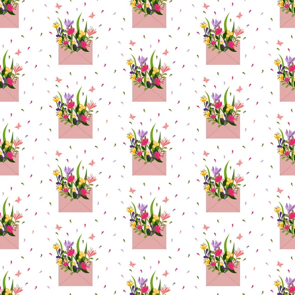 Μοτίβο με ροζ φάκελο αλληλογραφίας και λουλούδια. Εικονογράφηση με μπουκέτο και πεταλούδες. — Διανυσματικό Αρχείο