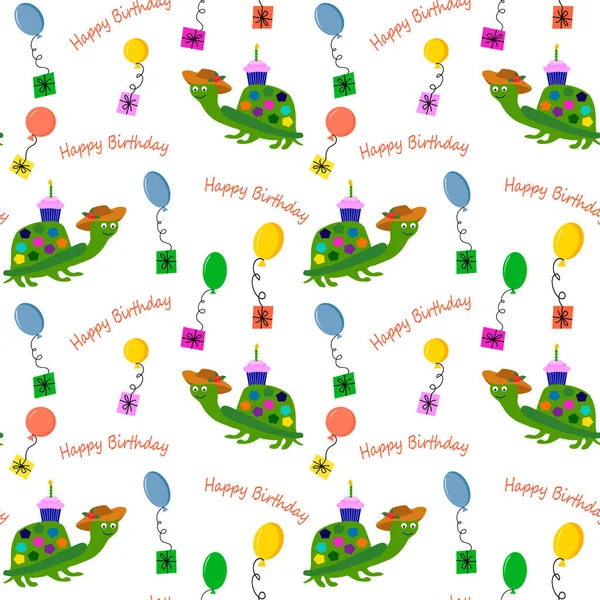 Padrão com uma tartaruga e balões. Feliz aniversário ilustração. Desenho vetorial. —  Vetores de Stock