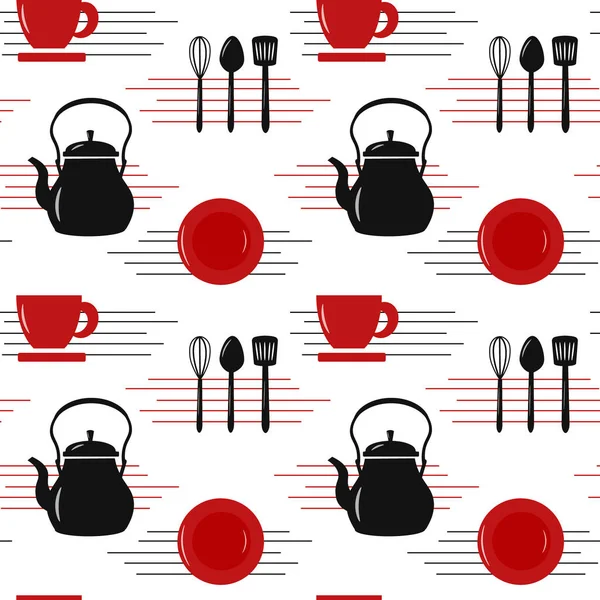 Modello di posate - teiera, tazza, utensili da cucina. Illustrazione vettoriale. — Vettoriale Stock