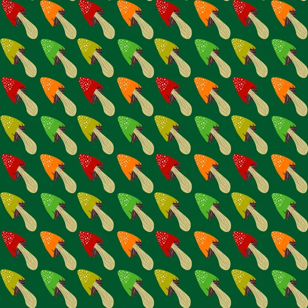 Шаблон с разноцветными агариками мух. Векторная иллюстрация на зеленом фоне. — стоковый вектор