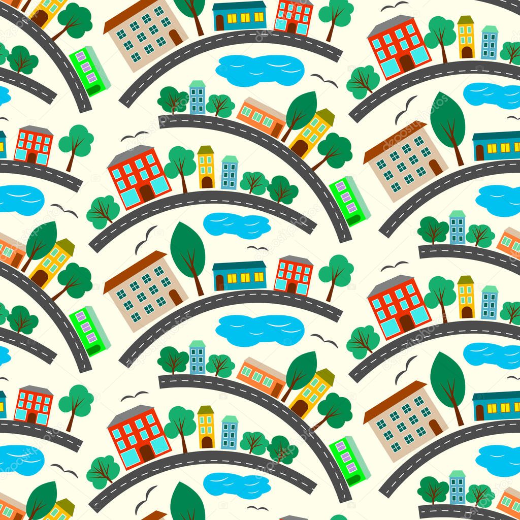 Pattern with colorful houses, lake and trees. Vector illustration for children. 
