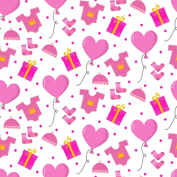 Alles Gute zum Geburtstag für ein Mädchen. Luftballons, Kleid, Geschenkbox. Vektorillustration. — Stockvektor
