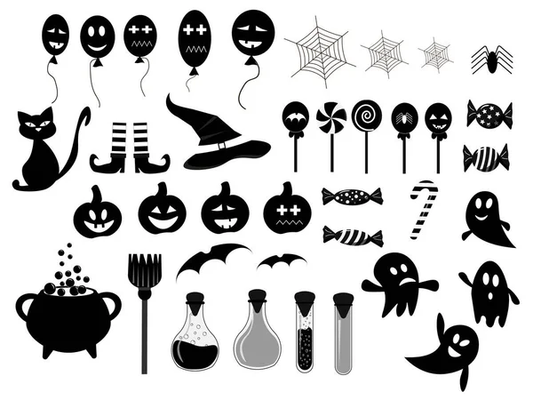 Preto e branco para o Halloween. Ilustração vetorial com atributos de férias - poção, chapéu e gato, fantasma, doces e balões. — Vetor de Stock