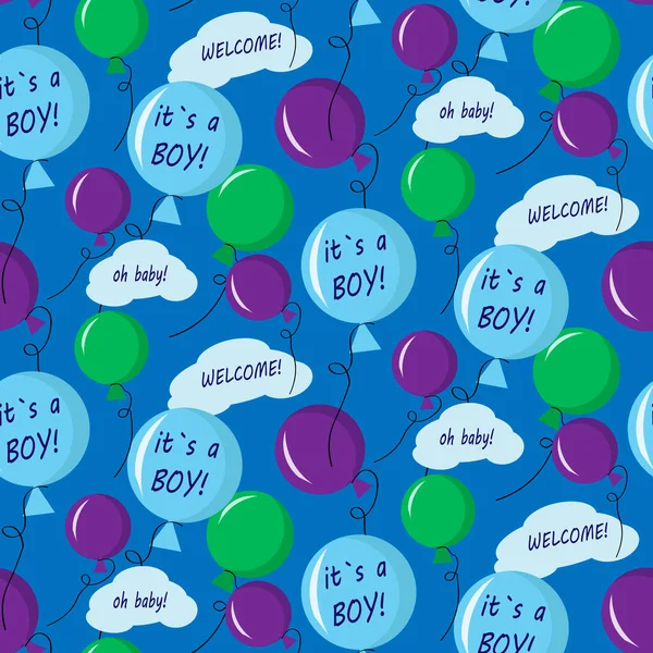Padrão com balões para um menino recém-nascido. O texto é um rapaz. Ilustração vetorial. —  Vetores de Stock