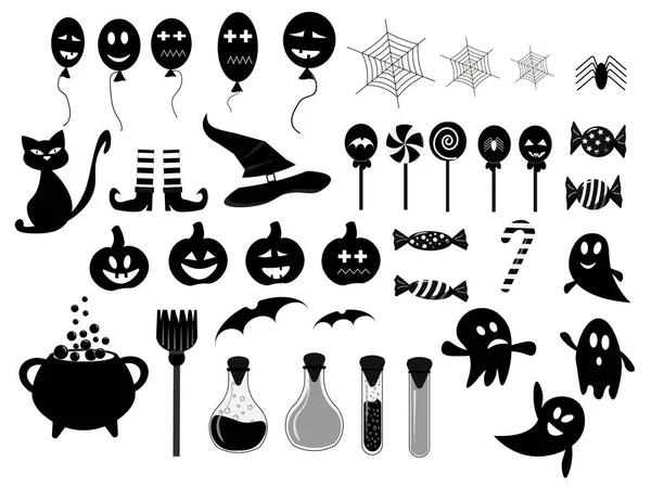 Black and white set for halloween. Vector illustration with holiday attributes - potion, hat and cat, ghost, candy and balloons. — Stock Vector