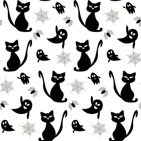 Patrón blanco y negro para Halloween. Ilustración vectorial. Fantasmas, gato negro, araña con telarañas. — Vector de stock