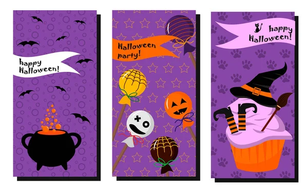 Conjunto de postales para Halloween. Maceta de poción, piruletas, sombrero y panecillo de escoba. — Vector de stock