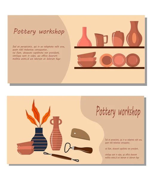Flyer pour un atelier de poterie. Illustration vectorielle sur fond coloré avec texte. — Image vectorielle